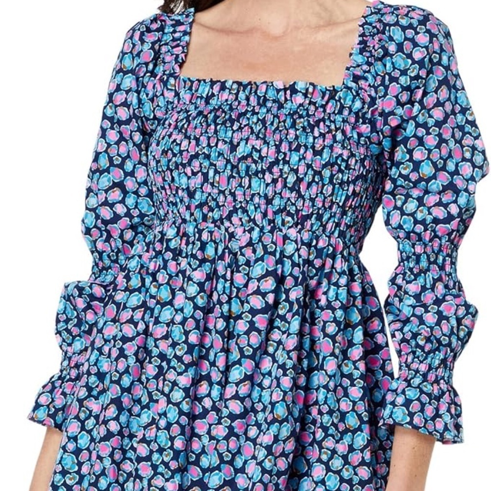 Lilly Pulitzer Mini Dress "Beyonca" 100% Cotton Spot Print Smocked Sz M
